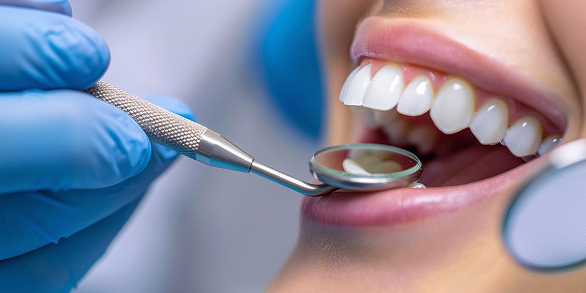 A close-up of teeth being examined with a dental mirror.