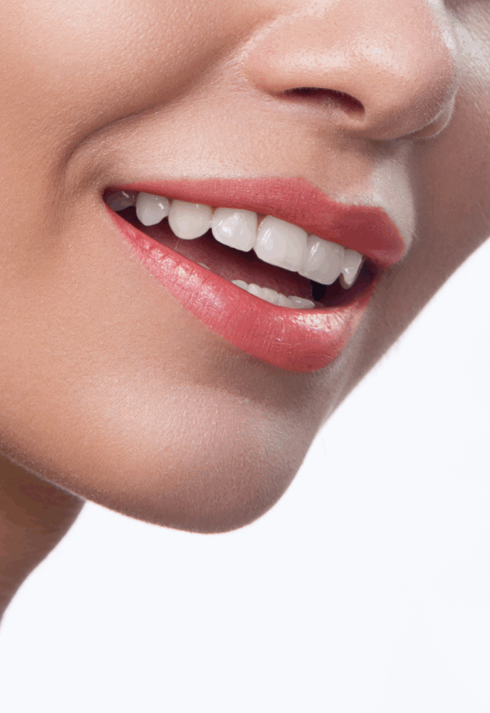 Close-up of a woman’s smile showing bright white teeth.