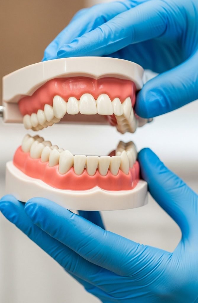 Gloved hands holding a dental model showing teeth and gums.